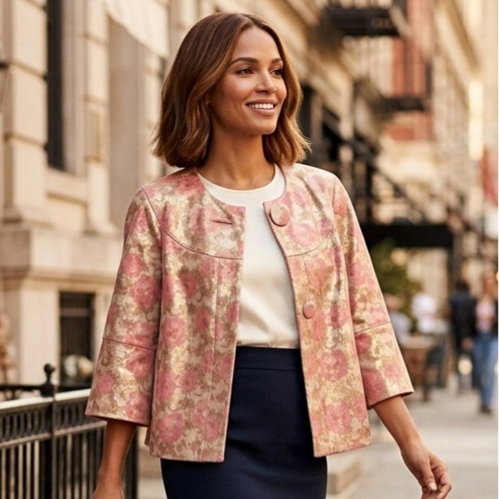 Kate Spade Suede Metallic Floral Crop Swing Jacket Pink Gold Luxury Statement S